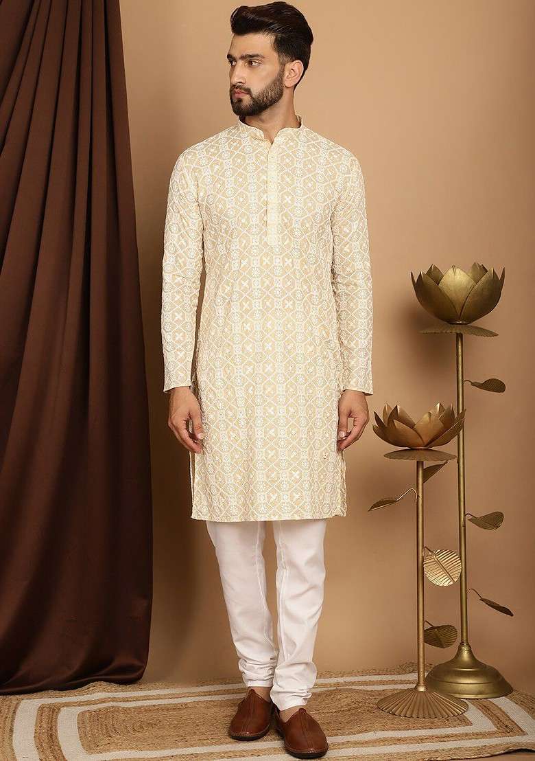 Beige Embroidered Cotton Kurta Set For Men - Indya