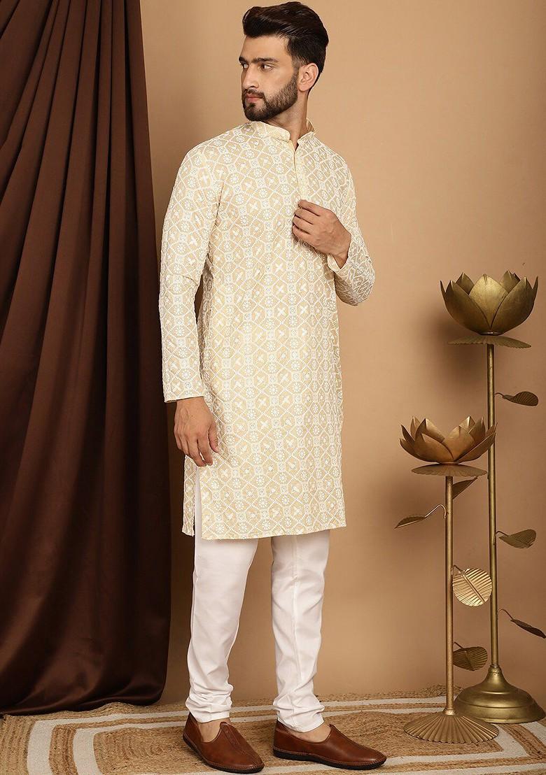 Beige Embroidered Cotton Kurta Set For Men