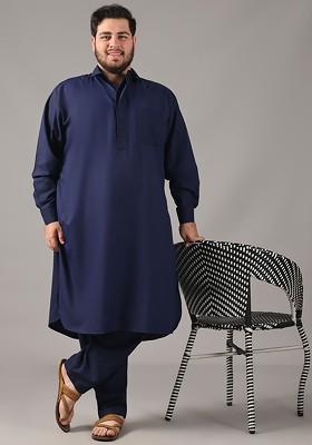 Navy Blue Thread Work Poly Blend Kurta Set For Men