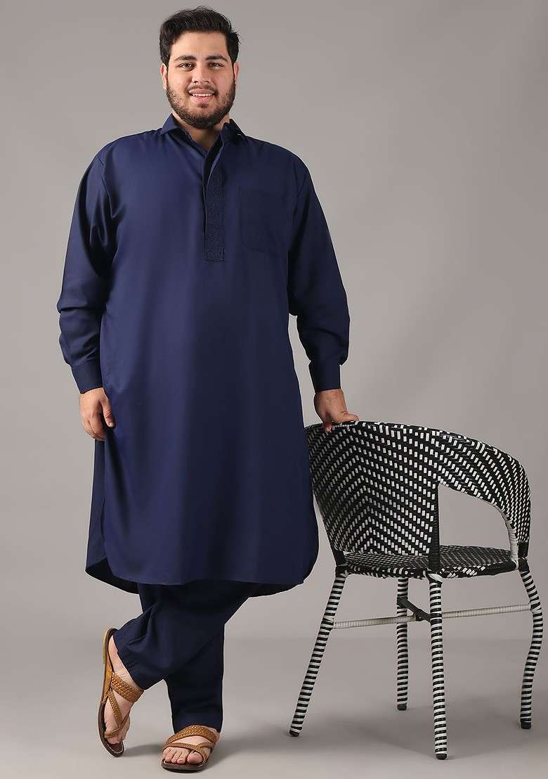 Navy Blue Thread Work Poly Blend Kurta Set For Men - Indya