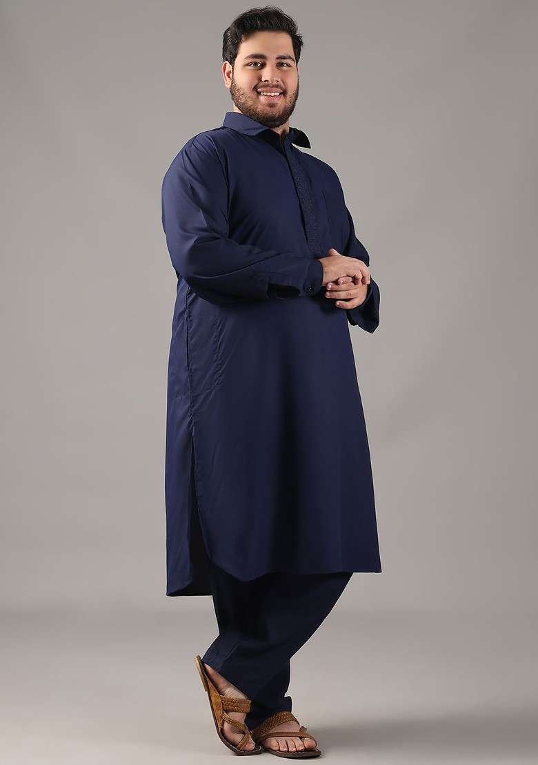 Navy Blue Thread Work Poly Blend Kurta Set For Men - Indya