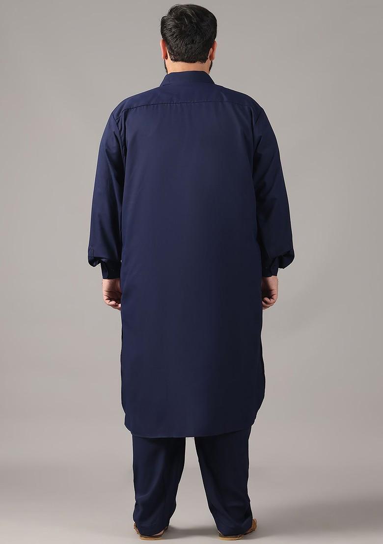 Navy Blue Thread Work Poly Blend Kurta Set For Men