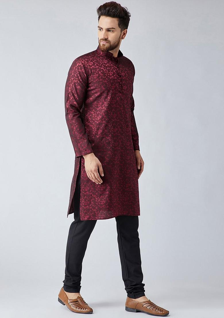 Maroon Solid Poly Blend Kurta Set For Men