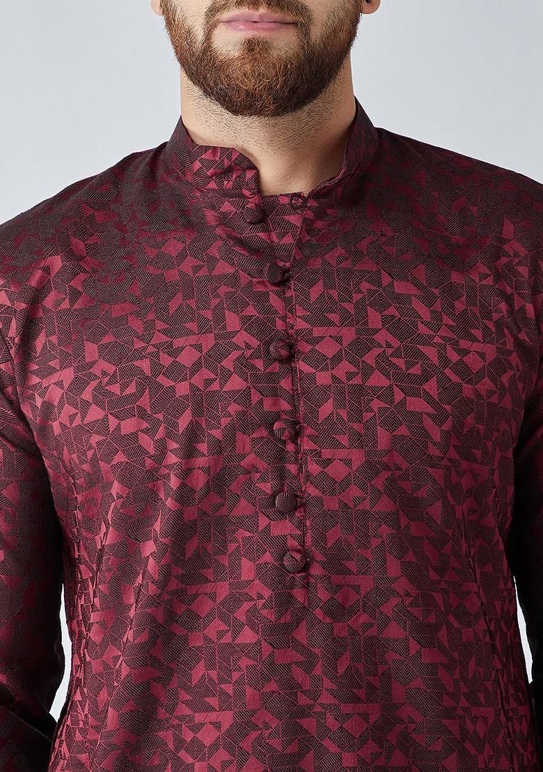 Maroon Solid Poly Blend Kurta Set For Men