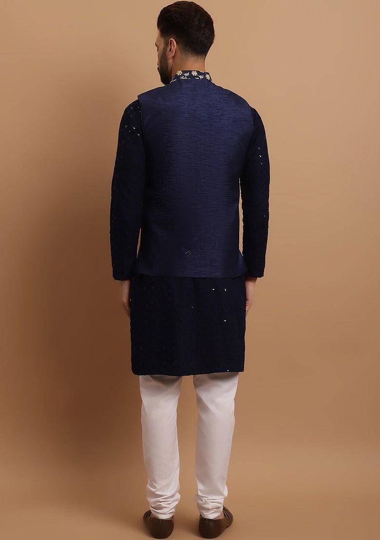 Navy Blue Embroidered Cotton Kurta Set For Men