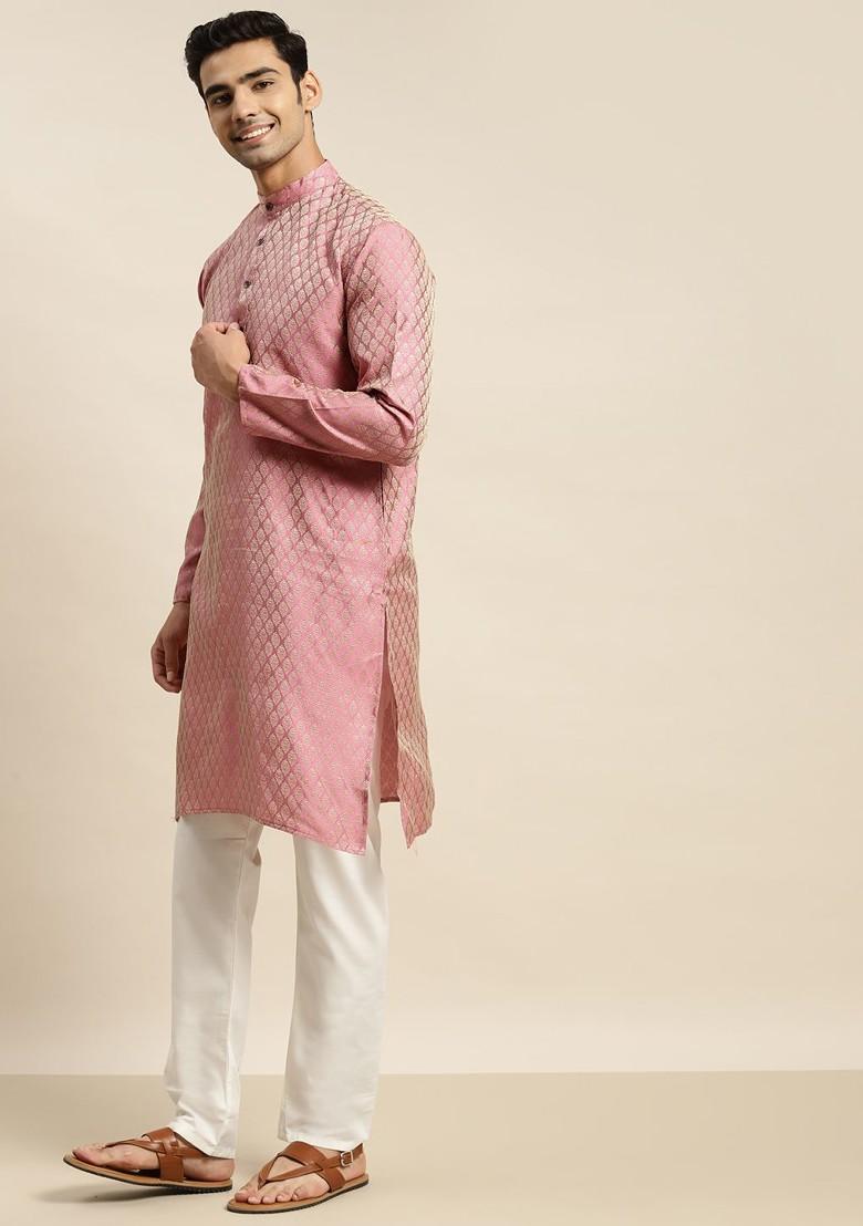 Pink Ethnic Motifs Poly Blend Kurta Set For Men