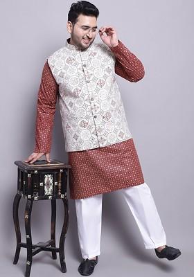 Maroon Woven Silk Kurta Set For Men