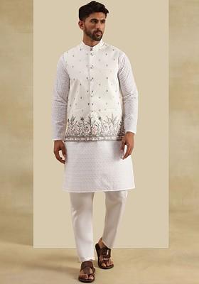 White Embroidered Cotton Kurta Set For Men