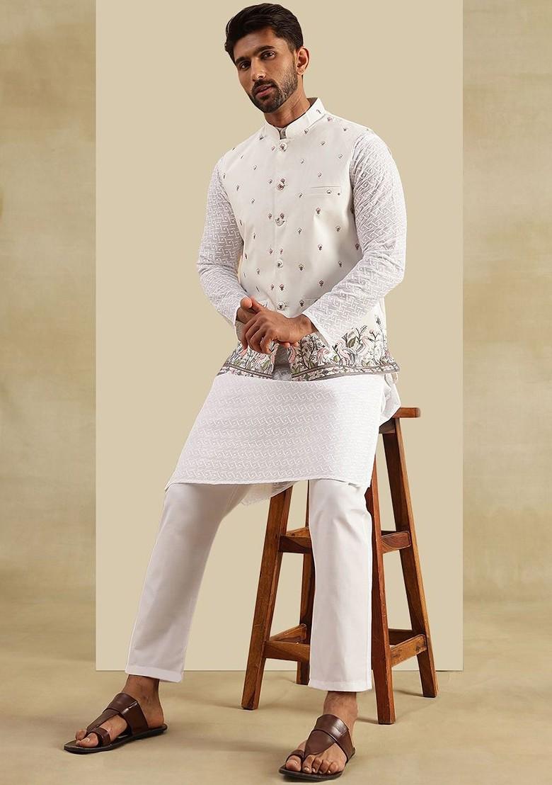 White Embroidered Cotton Kurta Set For Men
