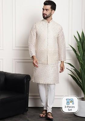 Cream Woven Poly Blend Kurta Set For Men