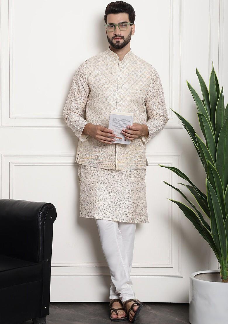 Cream Woven Poly Blend Kurta Set For Men