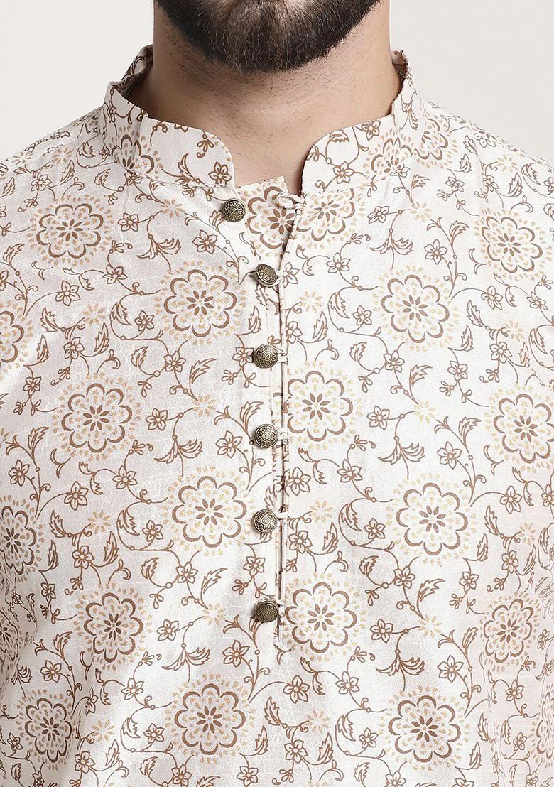 Cream Woven Poly Blend Kurta Set For Men