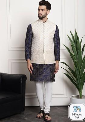 Navy Blue Woven Poly Blend Kurta Set For Men