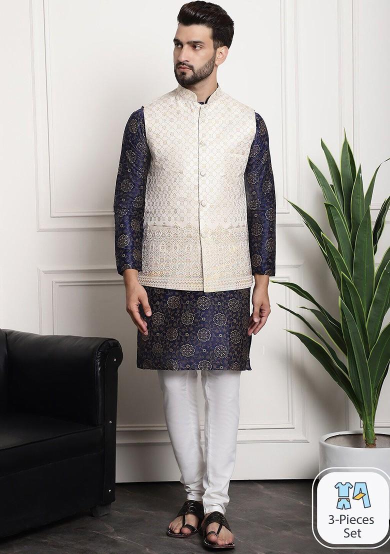 Navy Blue Woven Poly Blend Kurta Set For Men
