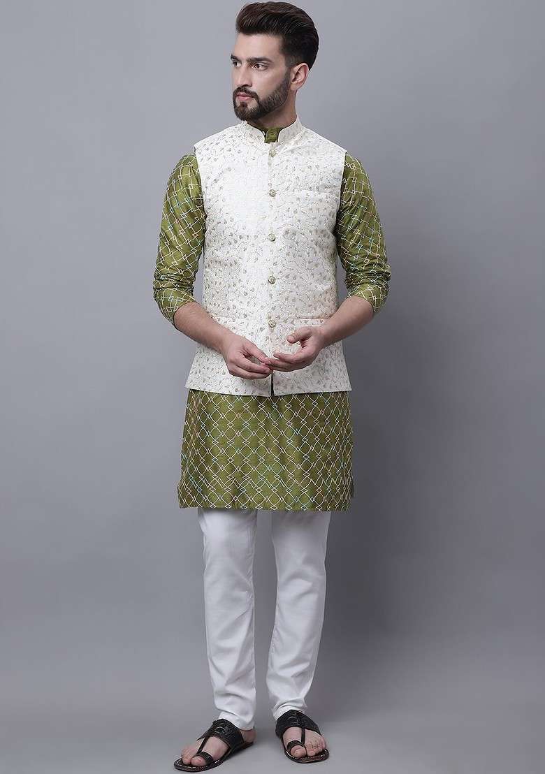 Olive Embroidered Poly Blend Kurta Set For Men - Indya