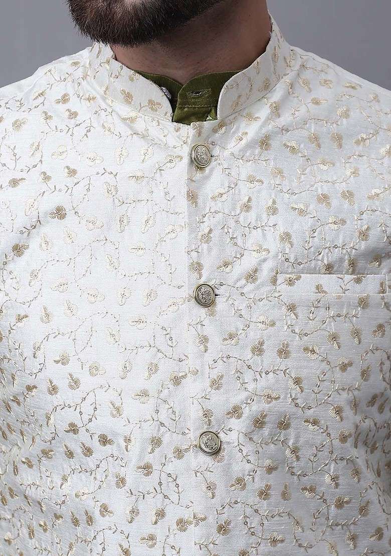 Olive Embroidered Poly Blend Kurta Set For Men - Indya