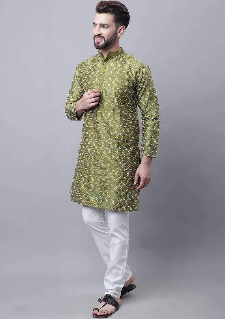 Olive Embroidered Poly Blend Kurta Set For Men - Indya