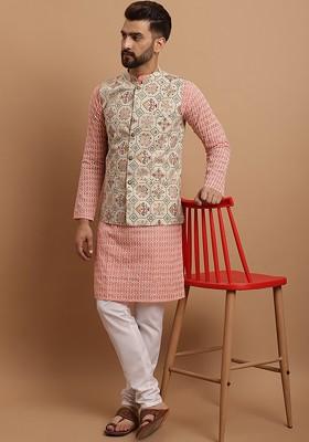 Peach Embroidered Cotton Kurta Set For Men