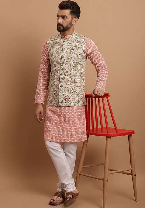 Peach Embroidered Cotton Kurta Set For Men