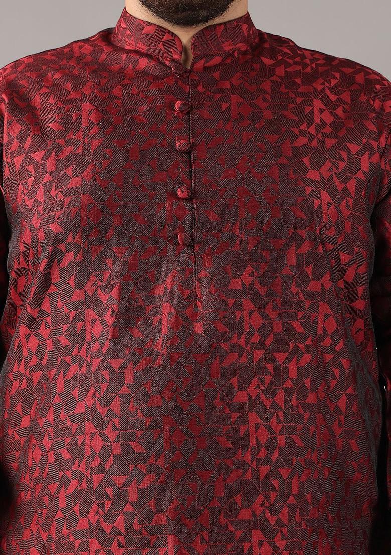 Maroon Woven Poly Blend Kurta Set For Men