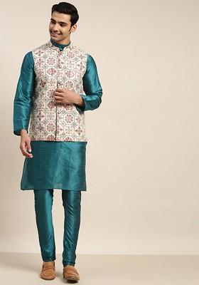 Teal Blue Solid Poly Blend Kurta Set For Men
