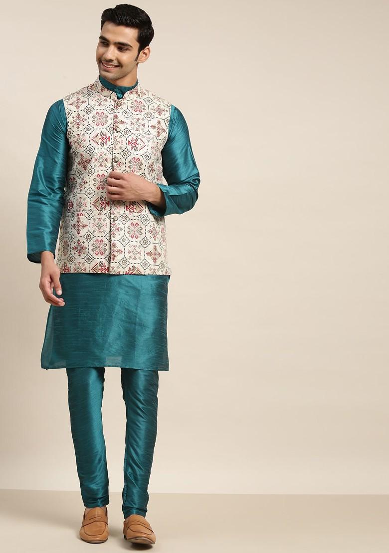 Teal Blue Solid Poly Blend Kurta Set For Men