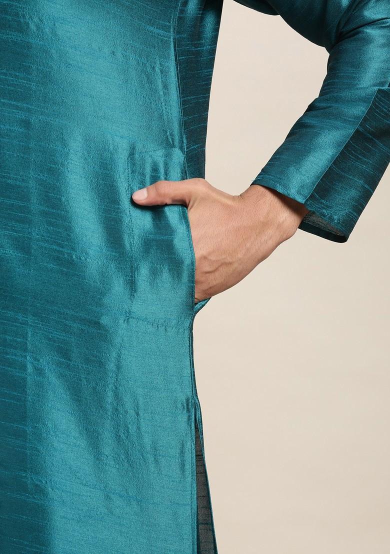 Teal Blue Solid Poly Blend Kurta Set For Men