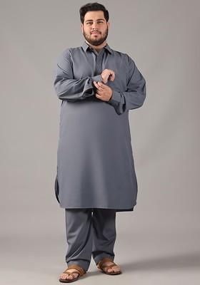 Grey Thread Work Poly Blend Kurta Set For Men