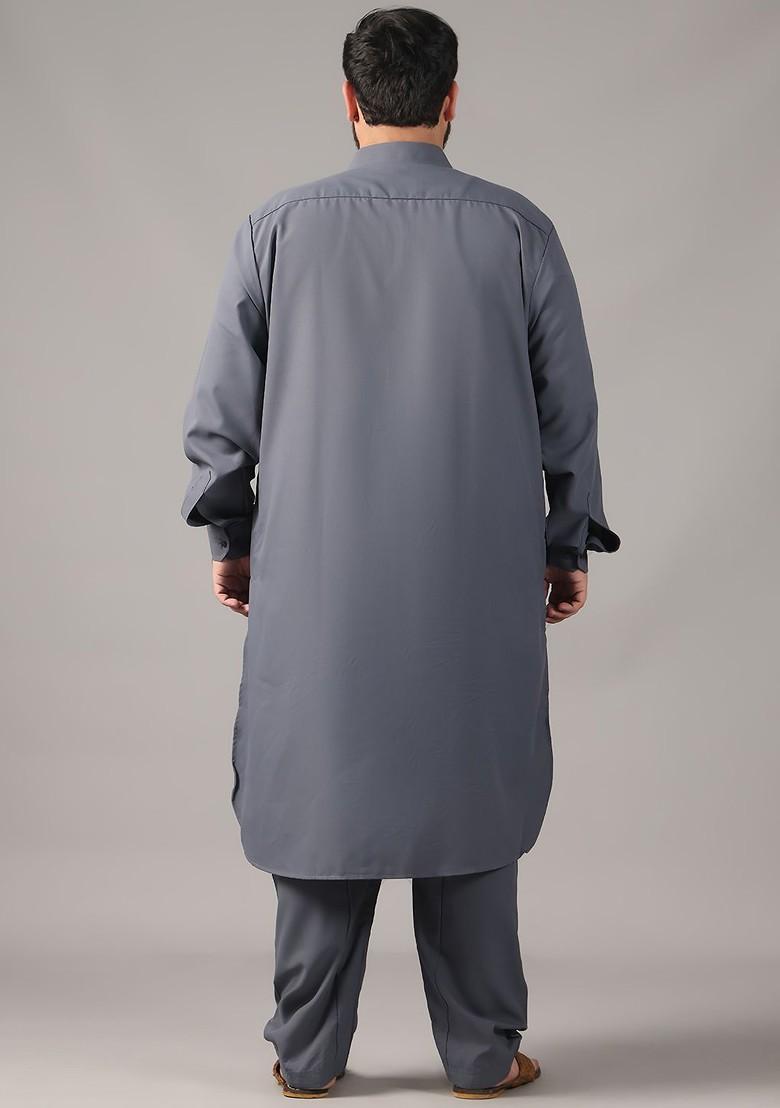 Grey Thread Work Poly Blend Kurta Set For Men