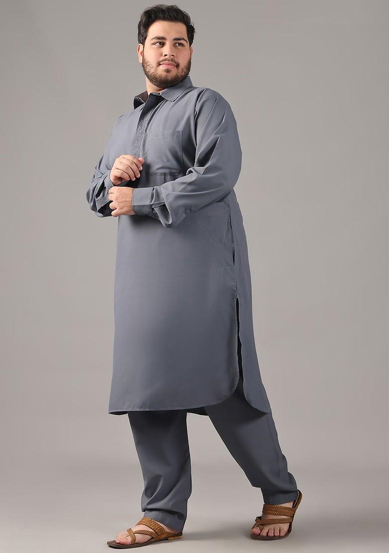 Grey Thread Work Poly Blend Kurta Set For Men