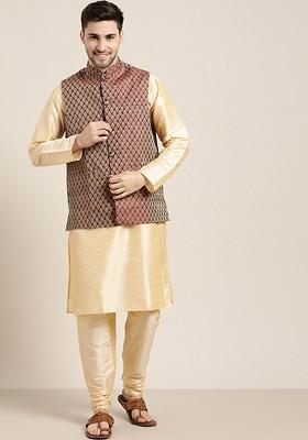 Beige Solid Jacquard Kurta Set For Men