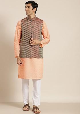 Peach Chikankari Cotton Kurta Set For Men