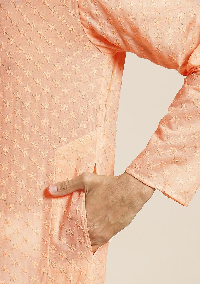Peach Chikankari Cotton Kurta Set For Men