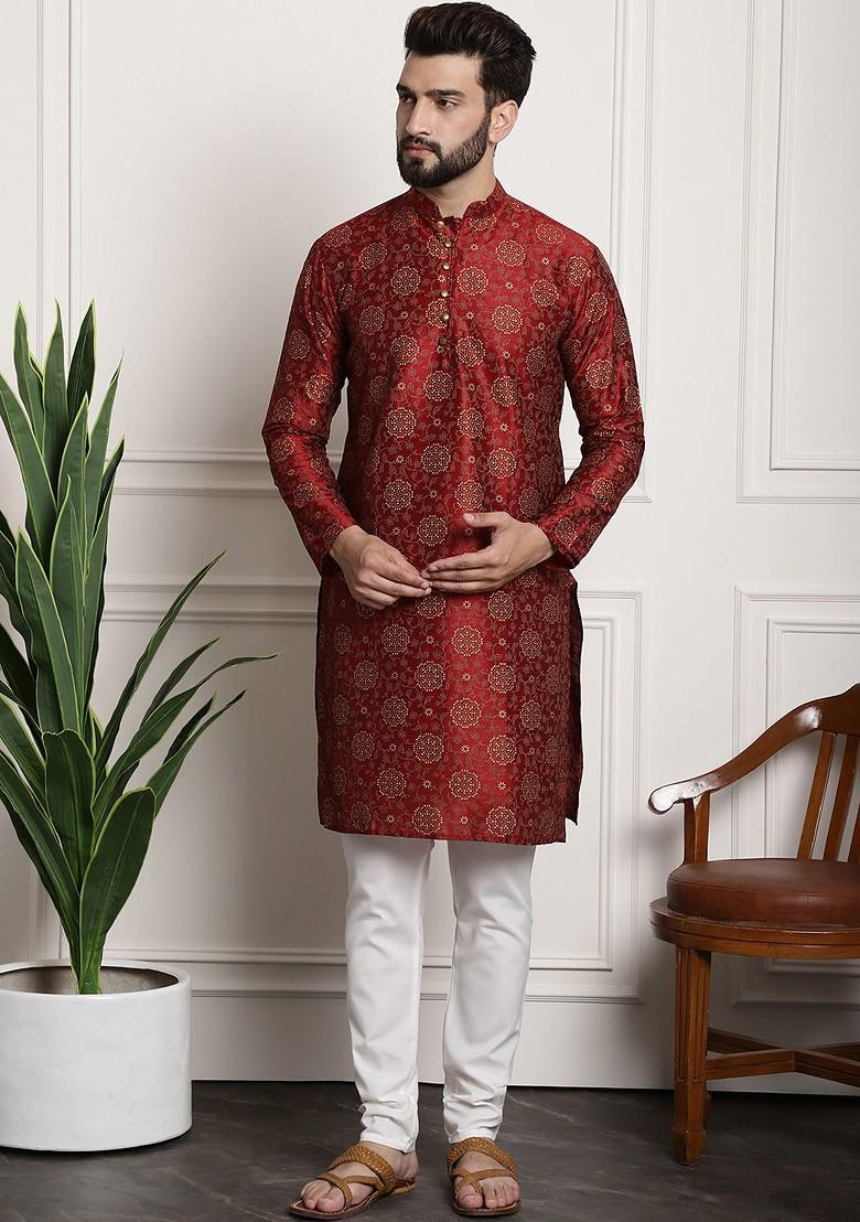 Maroon Floral Print Poly Blend Kurta Set For Men