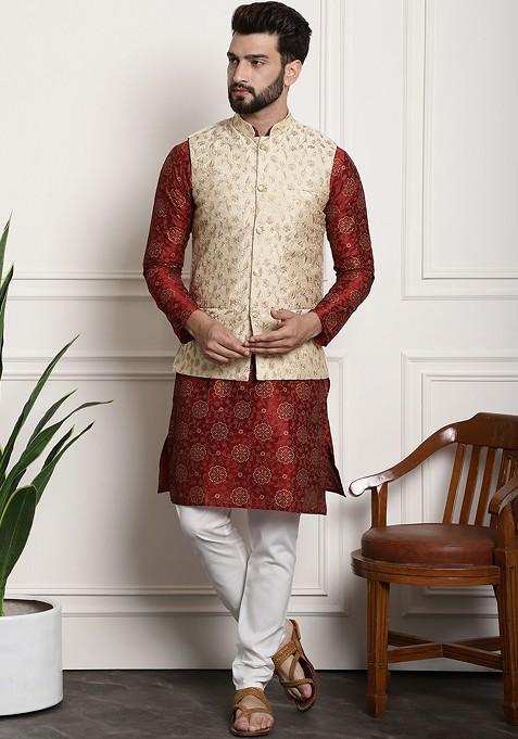 Maroon Floral Print Poly Blend Kurta Set For Men