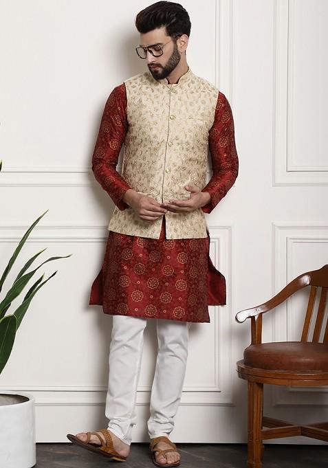 Maroon Floral Print Poly Blend Kurta Set For Men