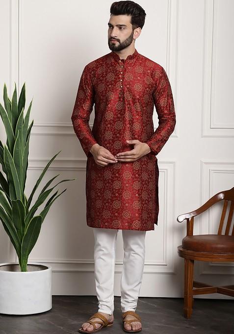 Maroon Floral Print Poly Blend Kurta Set For Men