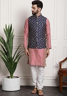 Pink Ethnic Motifs Poly Blend Kurta Set For Men