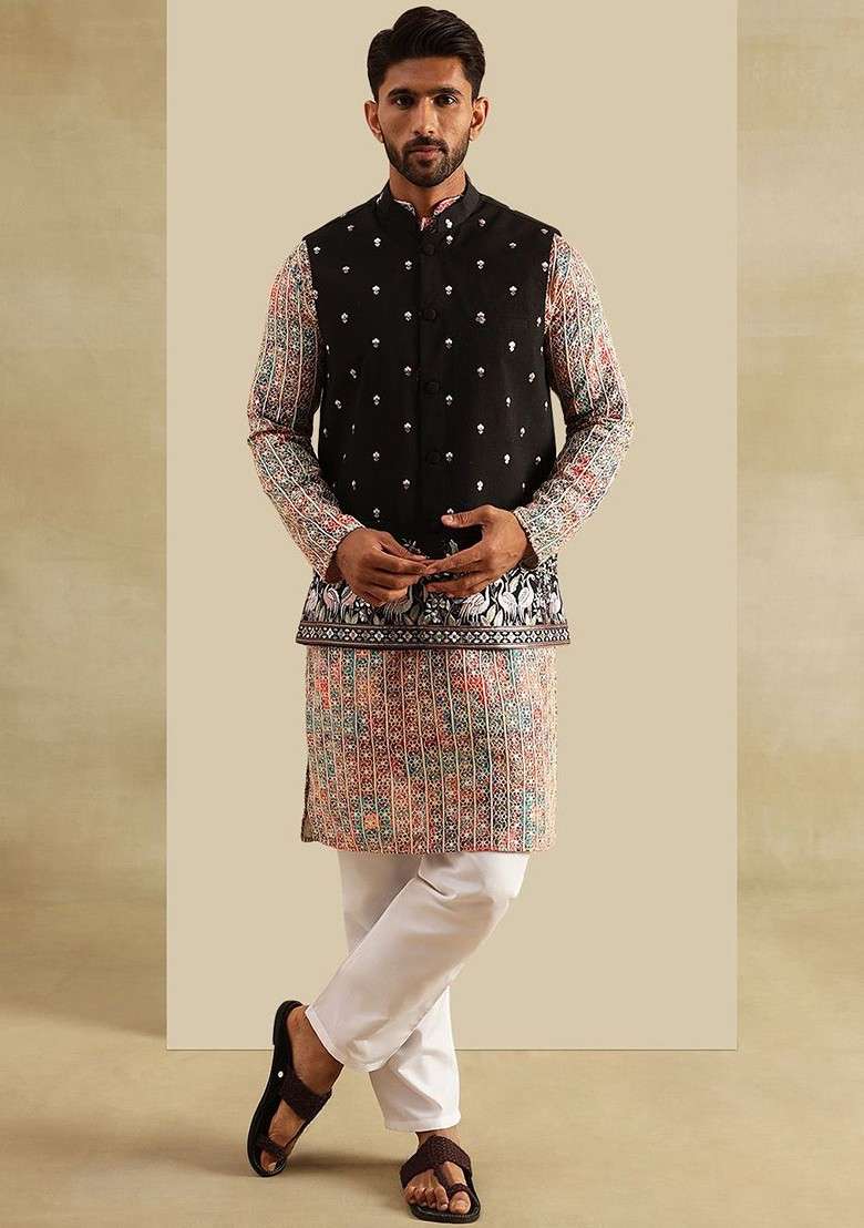 Peach Embroidered Poly Blend Kurta Set For Men - Indya