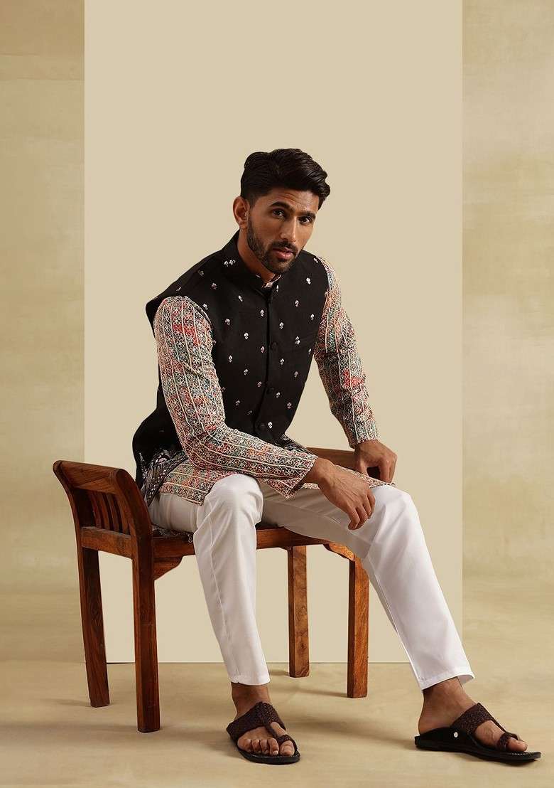 Peach Embroidered Poly Blend Kurta Set For Men - Indya