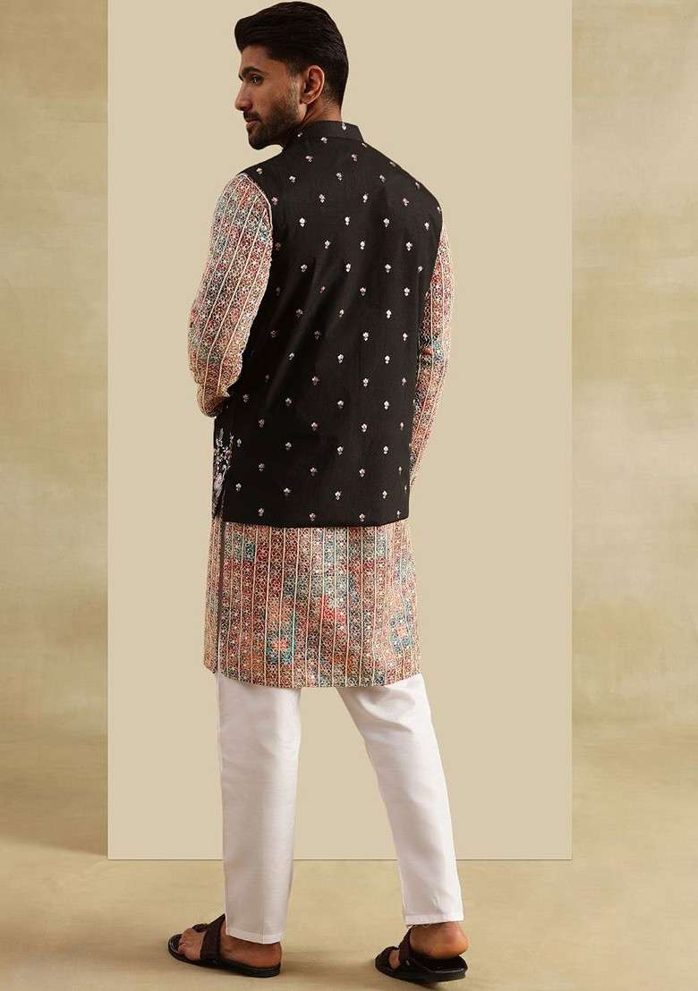 Peach Embroidered Poly Blend Kurta Set For Men - Indya