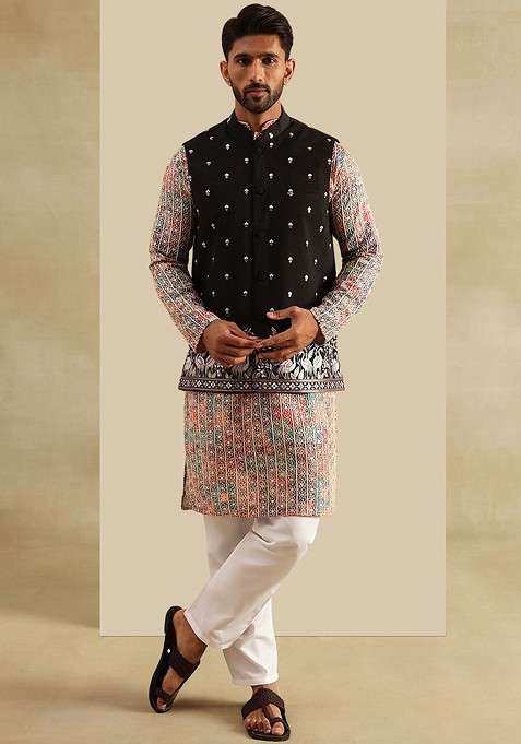 Peach Embroidered Poly Blend Kurta Set For Men