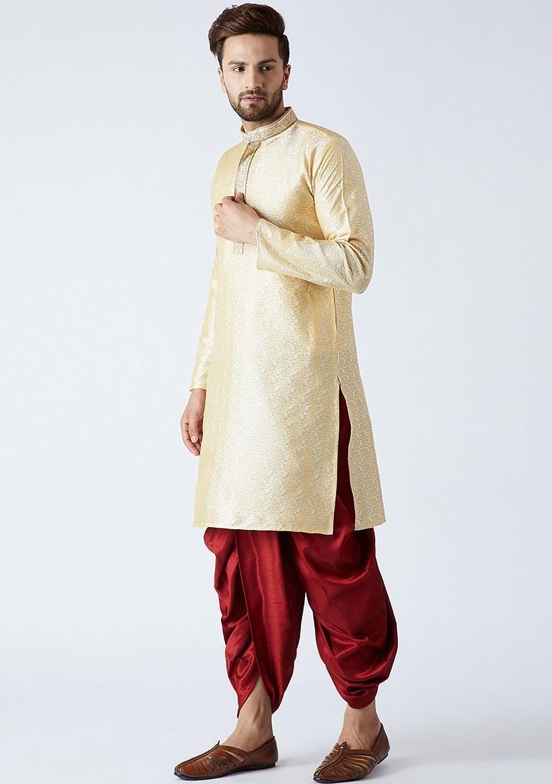 Gold Solid Poly Blend Kurta Set For Men