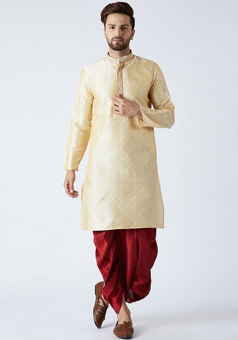 Gold Solid Poly Blend Kurta Set For Men