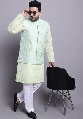 Green Embroidered Cotton Kurta Set For Men