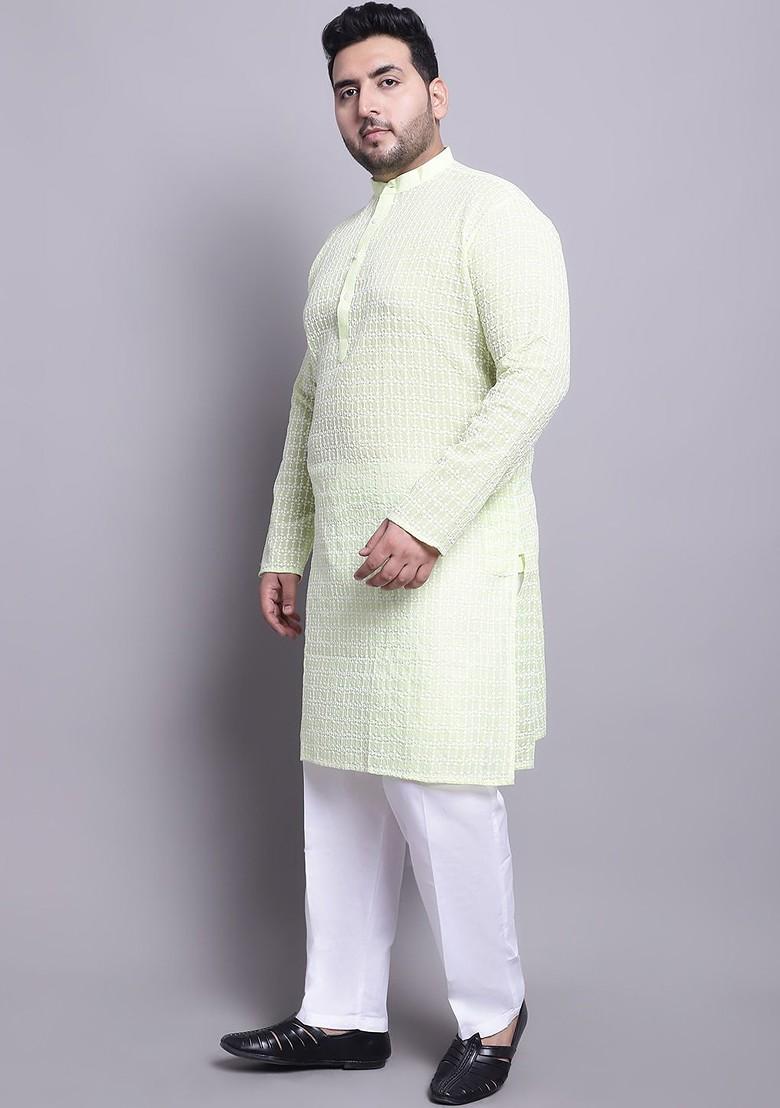 Green Embroidered Cotton Kurta Set For Men