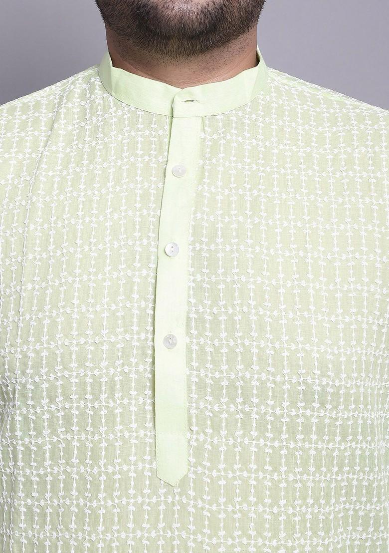 Green Embroidered Cotton Kurta Set For Men