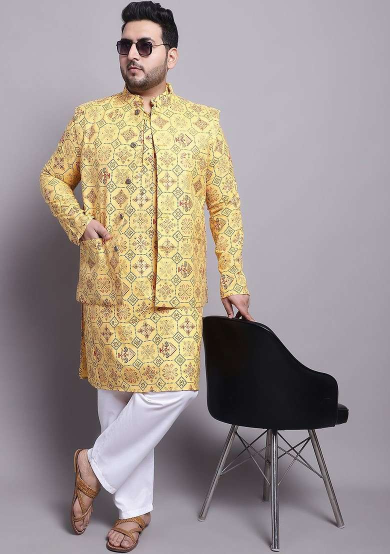 Mustard Printed Cotton Kurta Set For Men - Indya
