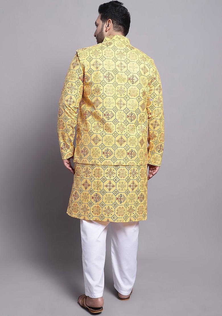 Mustard Printed Cotton Kurta Set For Men