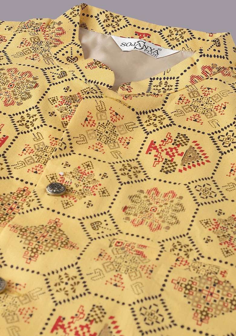 Mustard Printed Cotton Kurta Set For Men - Indya